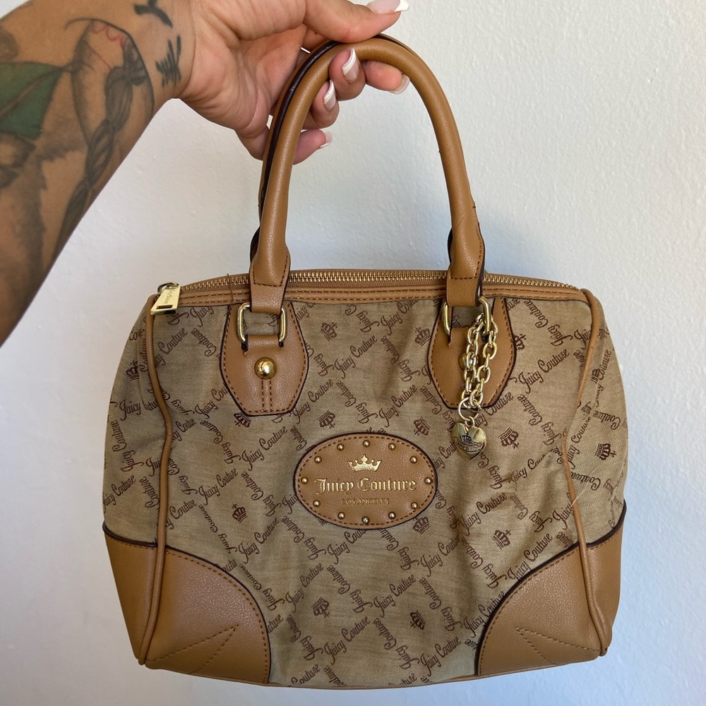 Juicy Couture Canvas Small Brown Handbag W/ Golden Heart Charm 💛